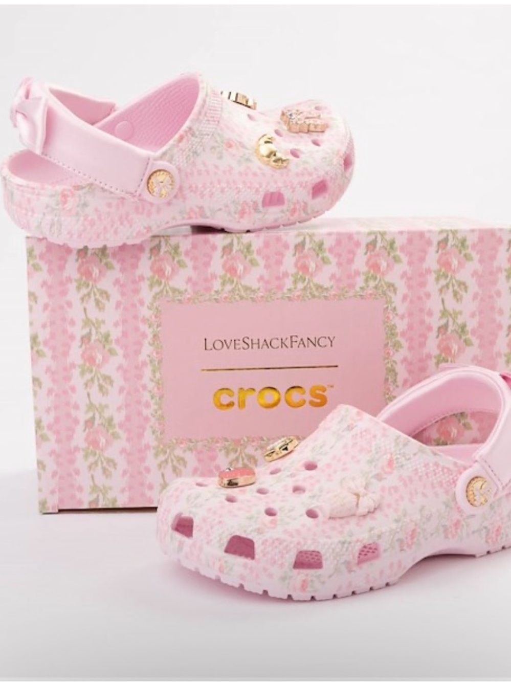 CROCS Kids Pink Floral Clogs with Gold Accents
